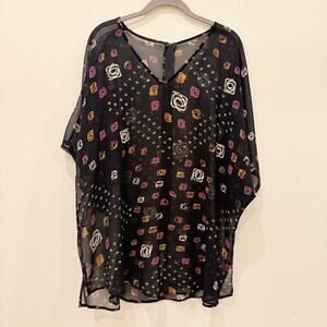 Women’s Plus 1X Black Sheer Multicolor Design Top Cover Up Shirt Zipper Back